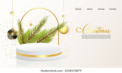 Happy New Year product sale 3D render podium design with Christmas elements. Luxury and white color empty products display showcase vector art. Realistic podium design with Xmas hanging ball. 