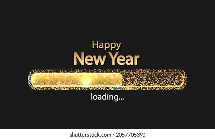 Feliz año nuevo barra de progreso con partículas doradas, ilustración de arte vectorial.