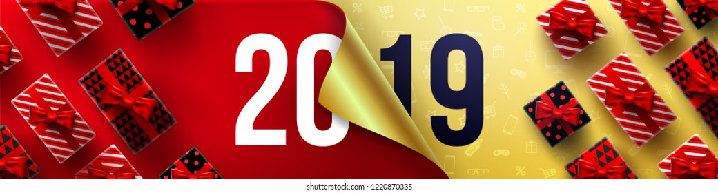 Happy New Year Promotion Poster or banner with open gift wrap paper and gift box.Change or open to new year 2019 concept.Promotion and shopping template for New Year.Vector illustration EPS10