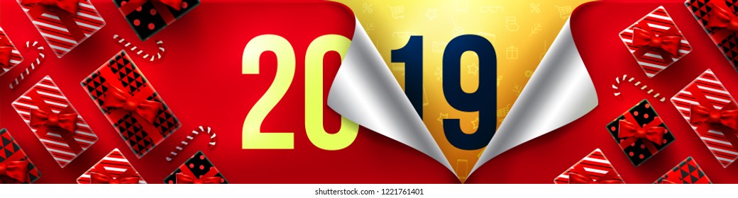 Happy New Year Promotion Poster or banner with open gift wrap paper and gift box.Change or open to new year 2019 concept.Promotion and shopping template for New Year.Vector illustration EPS10 Happy New Year Promotion Poster or banner with open gift wrap paper and gift box.Change or open to new year 2019 concept.Promotion and shopping template for New Year.Vector illustration EPS10