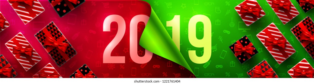 Happy New Year Promotion Poster or banner with open gift wrap paper and gift box.Change or open to new year 2019 concept.Promotion and shopping template for New Year.Vector illustration EPS10