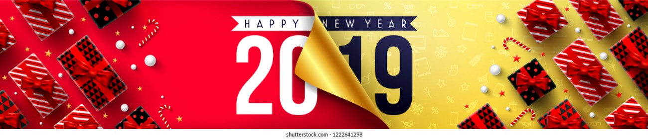 Happy New Year Promotion Poster or banner with open gift wrap paper and gift box.Change or open to new year 2019 concept.Promotion and shopping template for New Year.Vector illustration EPS10