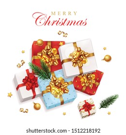 Happy New year Promotion  Poster or banner with gift box,golden ribbon and confetti.Promotion or shopping template for Christmas in golden and red style.Vector EPS10	
