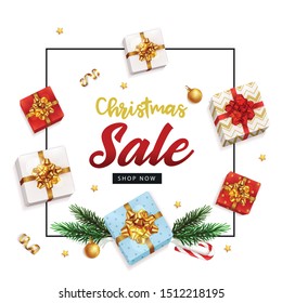 Happy New year Promotion sale Poster or banner with gift box,golden ribbon and confetti.Promotion or shopping template for Christmas in golden and red style.Vector EPS10	
