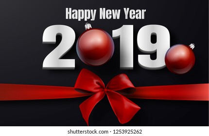 Happy New Year. Promotion template or banner with 3d realistic red shiny ribbon and bow, christmas balls on black background. Promotion or shopping design template for Christmas or New Year. Vector