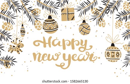 Happy New Year quote, vector text and Christmas balls for the design of greeting cards, photo overlays, prints, posters. Hand drawn letters.

