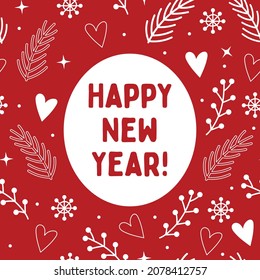 Happy new year quote, vector text for design greeting cards, prints, posters. Hand drawn letters. Red background