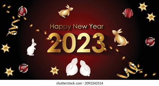 Happy New Year! Year of the rabbit 2023. Vector banner with rabbits.