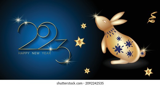 Happy New Year! Year of the rabbit 2023. Vector banner with rabbits.