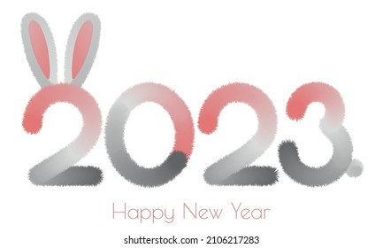Happy New Year of Rabbit. Fluffy numbers 2023 with rabbit ears and tail. Greeting card design in gray, white and pink colors. Vector illustration