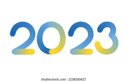 Feliz Año Nuevo de Conejo. Fluffy números 2023. Diseño de tarjetas de felicitación en colores de Ucrania azul y amarillo. Ilustración del vector