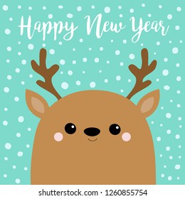 Happy New Year. Raindeer deer head face. Big horns. Merry Christmas. Cute cartoon kawaii baby character. Funny animal. Flat design. Hello winter. Blue snow background. Vector illustration