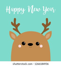 Happy New Year. Raindeer deer head face. Big horns. Merry Christmas. Cute cartoon kawaii baby character. Funny animal. Flat design. Hello winter. Blue background. Vector illustration
