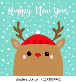 Happy New Year. Raindeer deer head face. Red hat, nose, horns. Merry Christmas. Cute cartoon kawaii baby character. Funny animal. Flat design. Hello winter. Blue snow background. Vector illustration