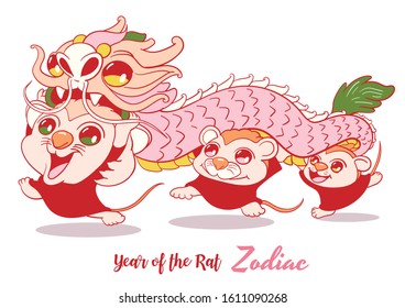 Happy new year. year of the Rat zodiac. The animal of the Chinese zodiac wtih dragon. Hand drawn cartoon. Red mice character design. vector illustration.