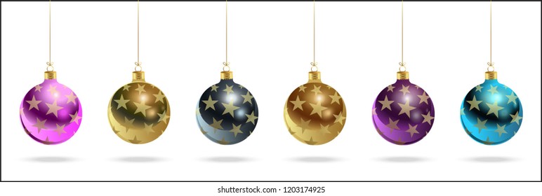 Happy New Year! Realistic Christmas glass balls with a pattern of gold stars. Set of vector decorative objects.