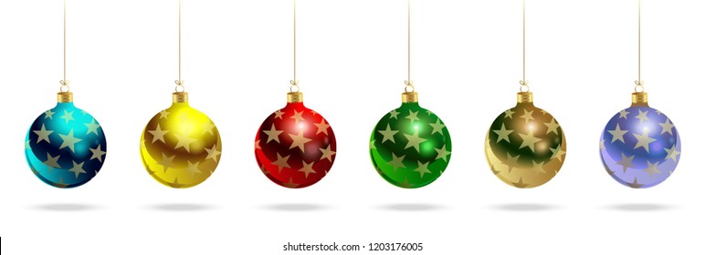 Happy New Year! Realistic Christmas glass balls with a pattern of gold stars. Set of vector decorative objects.