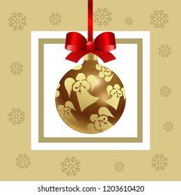 Happy New Year! Realistic glass Christmas ball with Christmas angels and a red silk bow. Festive vector poster.