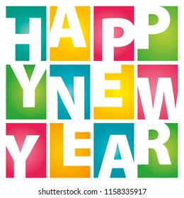 Happy New Year rectangle color letters white background