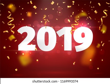 Happy New Year red background with blur golden tickers. Paper numbers 2019 with explosion confetti
