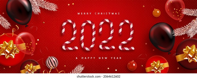 Happy new year red background with realistic christmas decoration