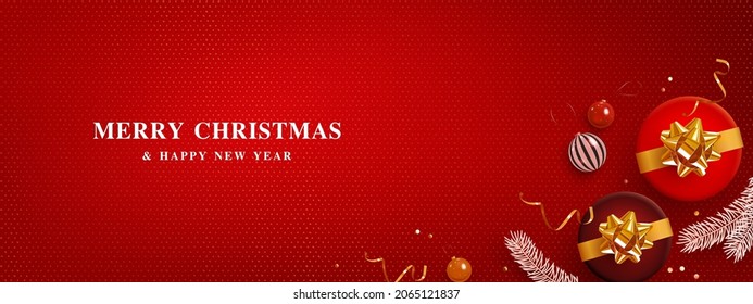 Feliz año nuevo fondo rojo con decoración navideña realista