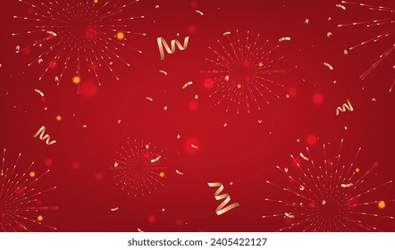 Happy New Year red background with fireworks, gold ribbon and confetti. Design for holiday banner, greeting card, decorative element. Festive party vector.