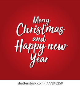 Happy New Year. Red background. White text. Handwritten. Merry Christmas vector text Calligraphic Lettering design. Creative typography for Holiday Greeting Gift Poster. Calligraphy Font Style