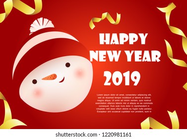 Happy New Year red banner design with snowman face and sample text. Calligraphy with cartoon snowman face, gold confetti bands and sample text. Can be used for parties, festivals, calendars, banners
