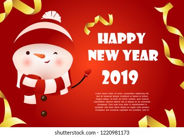 Happy New Year red banner design with cute snowman and sample text. Calligraphy with cartoon snowman, gold confetti bands and sample text. Can be used for parties, festivals, calendars, banners