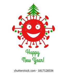 Happy New Year. Red cartoon coronavirus bacteria with green christmas balls and fir tree on the top. Isolated on a white background. Vector stock illustration.