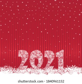 Happy New Year red festive curtain background and snow. Winter holiday greeting card design with snowfall. Happy Winter Holiday Wallpaper. Greeting Card with Lettering 2021 done from snowflakes