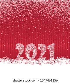 Happy New Year red festive curtain background and snow. Winter holiday greeting card design with snowfall. Happy Winter Holiday Wallpaper. Greeting Card with Lettering 2021 done from snowflakes