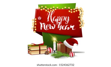 Happy New Year, red and green vertical greetings banner for your creativity in cartoon style with Christmas presents