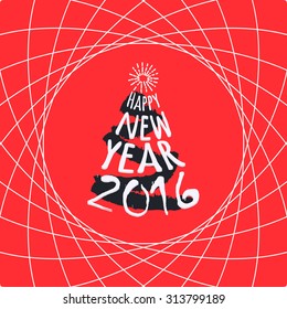 Happy New Year red greeting card template. Lettering hand drawn design with stylized brush stroked Christmas tree. Sunburst star at top