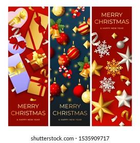 Happy New Year red, grey banner set with gifts, baubles. New Year, Christmas, winter. Calligraphy with decorative design can be used for invitations, post cards, announcements