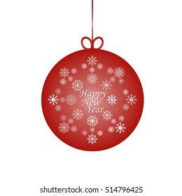 Happy New Year, red round banner with red ribbon and bow, on white background. Christmas tree decoration. Greeting card template.
