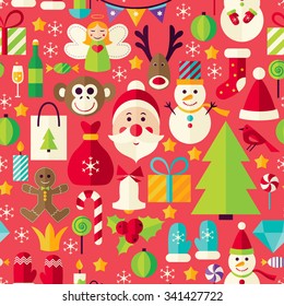 Happy New Year Red Seamless Pattern. Merry Christmas Flat Design Vector Illustration. Tile Background. Set of Winter Holiday Items.