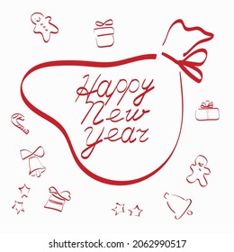 Happy New Year red typography on a white background. Vector. Postcard design with hand lettering. Calligraphy vintage.