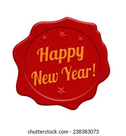 Happy new year red wax seal isolated on white background, vector illustration