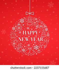 Happy New Year - Red, White card in a bauble in linear style