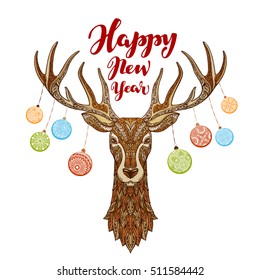 Happy New Year. Reindeer with Christmas balls on horns. Vector illustration