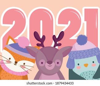 happy new year reindeer penguin and fox with 2021 number vector illustration