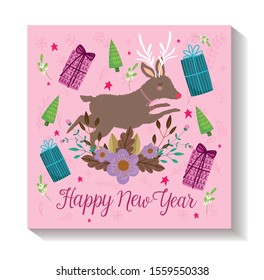 happy new year reindeer trees and gifts flower decoration poster vector illustration happy new year reindeer trees and gifts flower decoration poster vector illustration