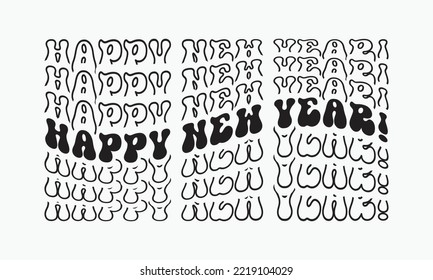 Feliz Año Nuevo repite texto retro groovía tipografía aislada sobre fondo blanco