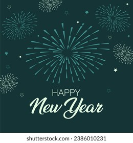 Happy New Year retro background with fireworks and stars. The background is great for cards, brochures, flyers, and advertising poster templates. Vector illustration.