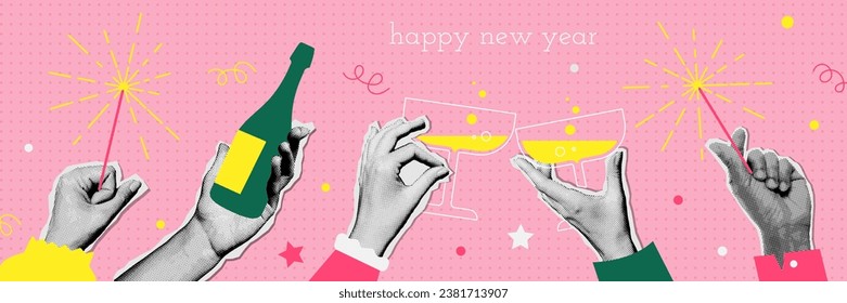 Happy new year retro banner. Halftone Hands holding champagne bottle, glasses and sparkler. Trendy collage mixed media art. Groove vintage Design for poster or greeting card . 90s Vector illustration.