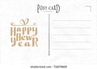Happy New Year Retro Postcard Blank Template with Calligraphic Gift Box Shape Logo Lettering - Black and Beige Elements on White Rough Paper Background - Vector Hand Drawn Vintage Design