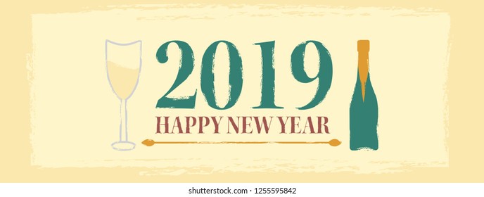 Happy New Year retro style banner with champagne bottle and glass