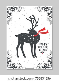 Happy new year retro typography poster with deer, stars and decoration elements. For greeting cards design, banner, poster and new year print